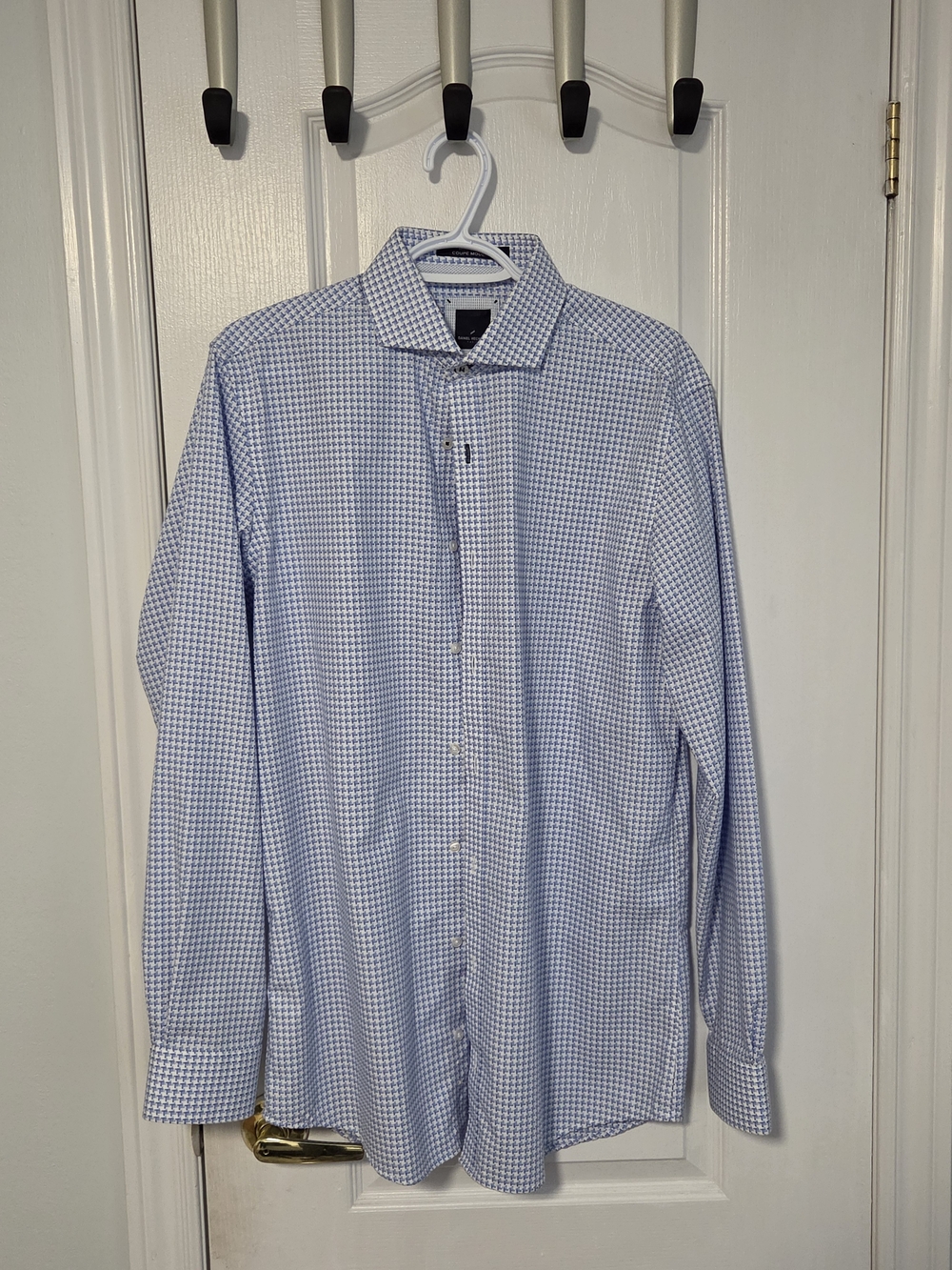 Daniel Hechter Blue and White Micro-Check Spread Collar Dress Shirt